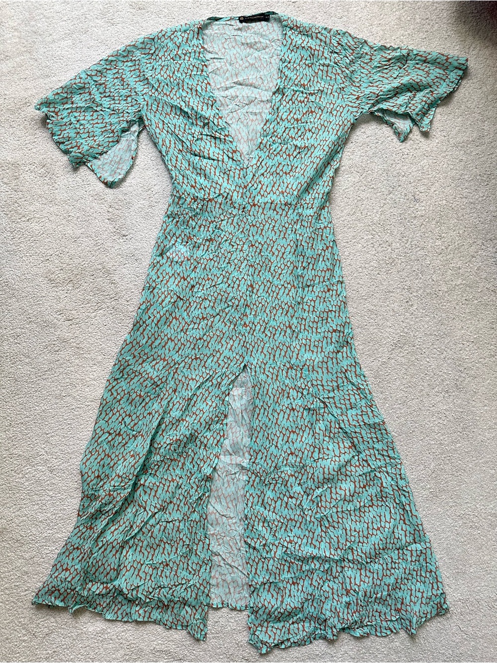 Turquoise Printed Midi Dress with V-Neck and Front Slit
